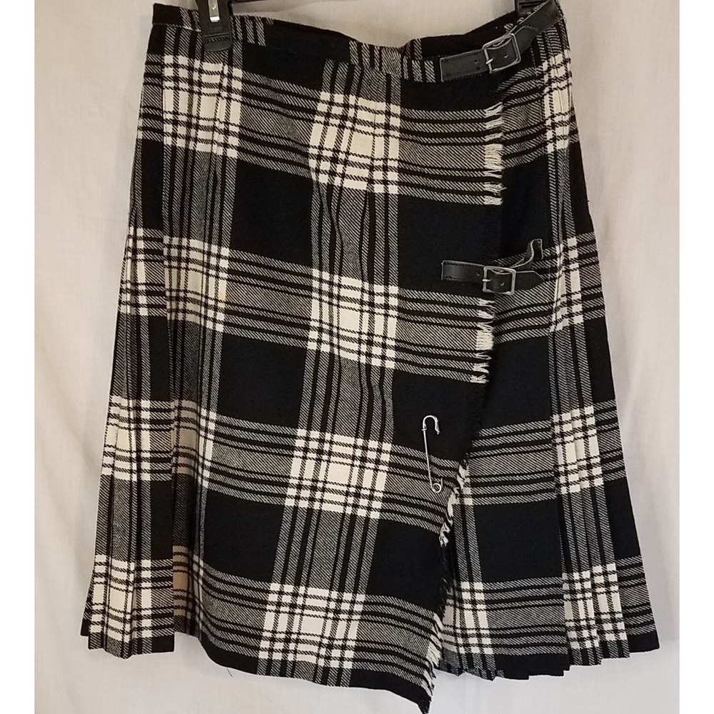 Brendella Tartan Plaid Kilt Wrap Skirt 100% Wool‎ Ireland Black White